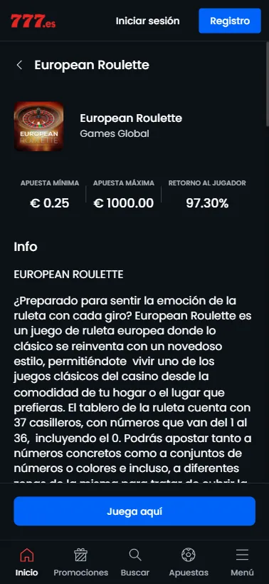 Cada juego ofrece información de sus apuestas, tipo de juego y un resumen.