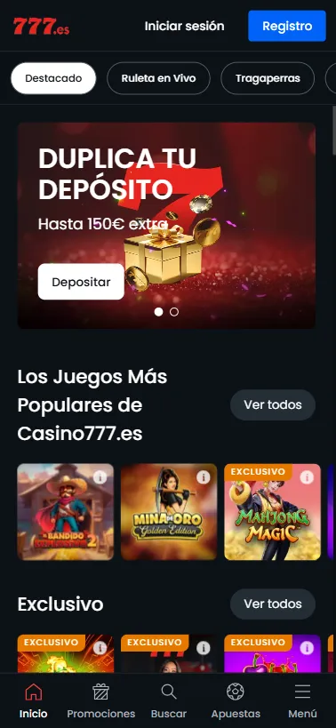 Casino777 solo tiene página web con tecnología responsive, por lo que podremos disfrutarlo desde cualquier dispositivo con conexión a internet y un navegador.