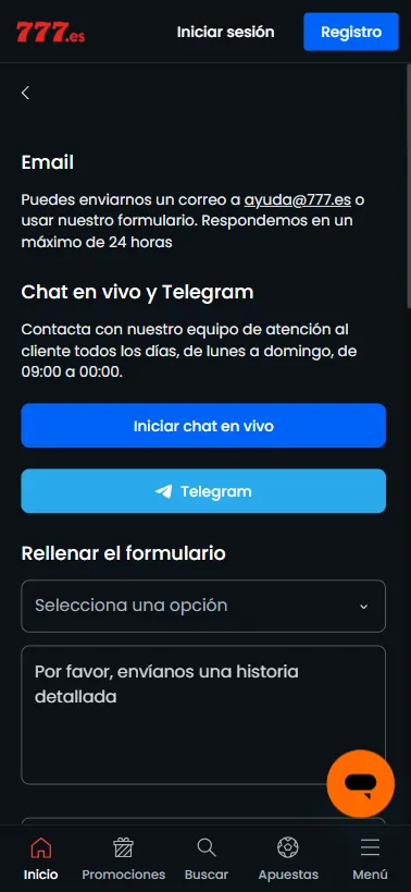 Casino777 ofrece contacto por email, chat en vivo y también por su canal de Telegram.