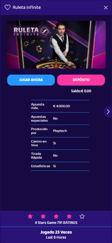 Las ruletas en vivo ofrece en su ficha técnica datos como la max bet, apuestas especiales, si muestra estadísticas, etc.