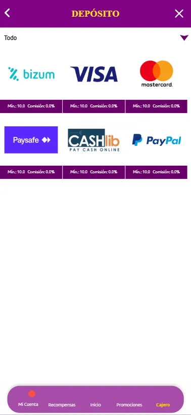 Los métodos de pago del casino son los más comunes como bizum y paypal.